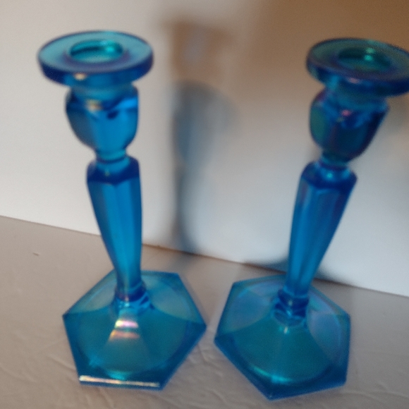 Fenton Northwood Candle Holders Blue Irridescent 8.5" tall - Picture 3 of 4